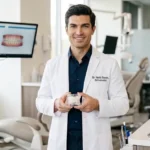 Male orthodontist holding a clear aligner model in a modern orthodontic clinic.