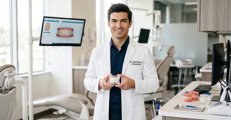 Male orthodontist holding a clear aligner model in a modern orthodontic clinic.