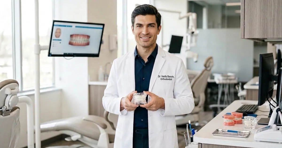 Male orthodontist holding a clear aligner model in a modern orthodontic clinic.