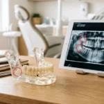 Human jaw anatomical model displaying molar tooth roots in a modern dental office.