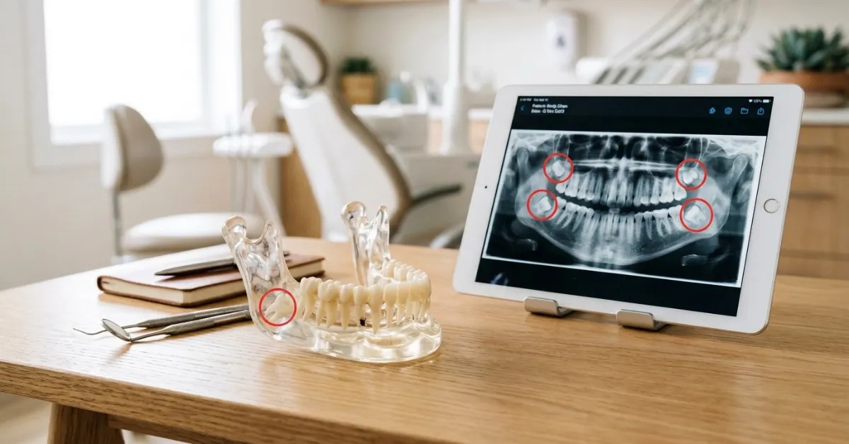 Human jaw anatomical model displaying molar tooth roots in a modern dental office.