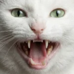 cat teeth visible of a green eye white colored beautiful cat