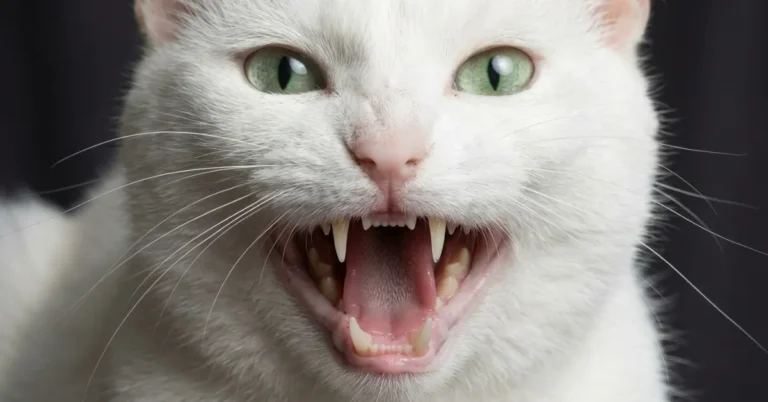 cat teeth visible of a green eye white colored beautiful cat