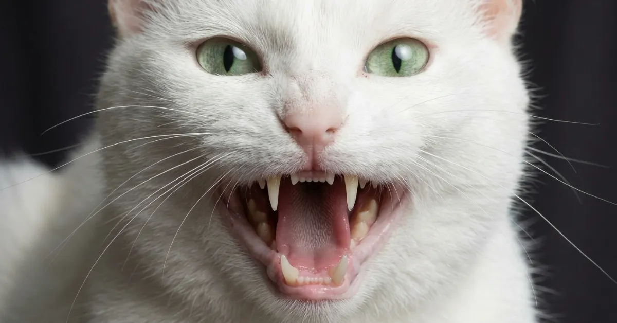 cat teeth visible of a green eye white colored beautiful cat