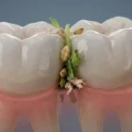3D medical illustration showing molar contact points and gaps where food gets stuck