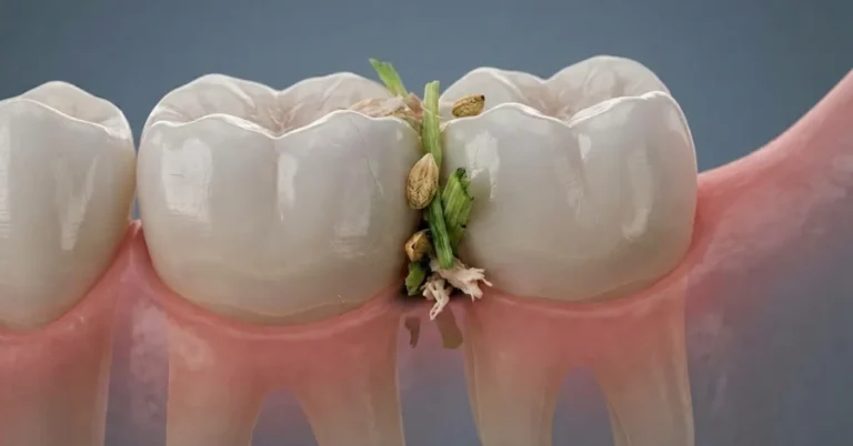 3D medical illustration showing molar contact points and gaps where food gets stuck