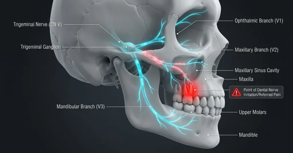 Diagram of the three branches of the trigeminal nerve causing referred tooth pain and headache