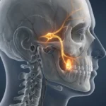 3D medical illustration showing the trigeminal nerve connecting a toothache to a temple headache