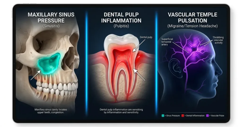 Comparison visual showing pain locations for sinus infection, tooth decay, and migraine