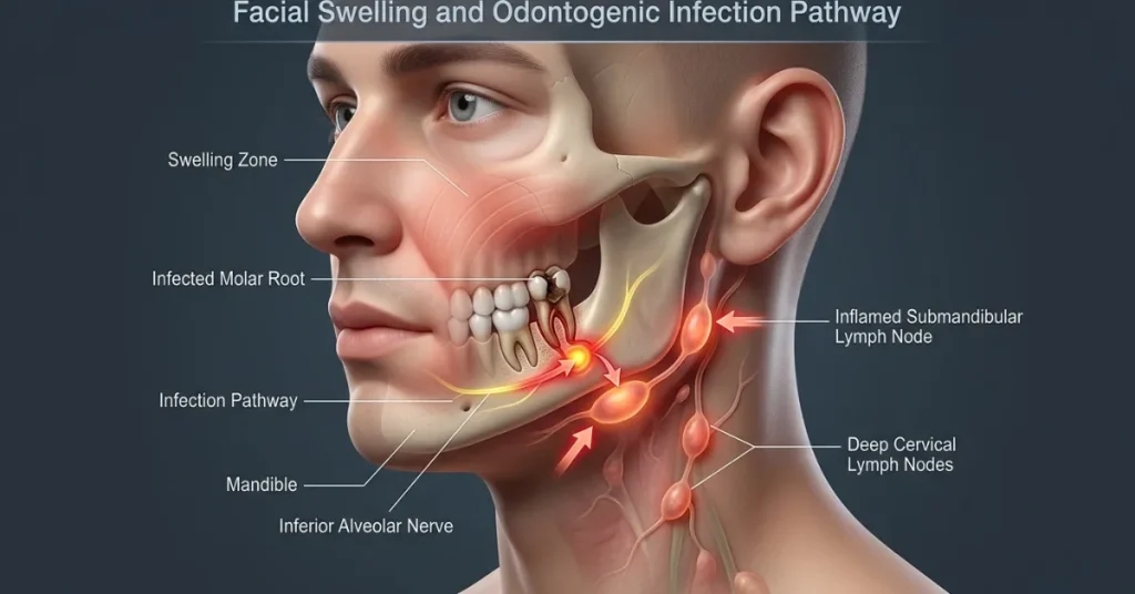 Medical graphic showing severe facial swelling, jaw inflammation, and spreading tooth infection red flags