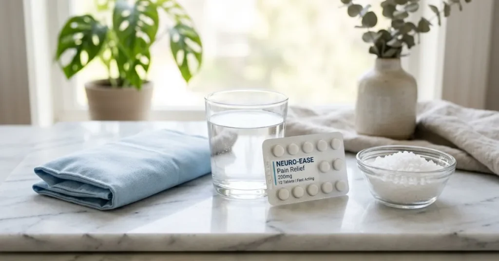 Home relief essentials for toothache and headache including cold compress, water, and pain relievers