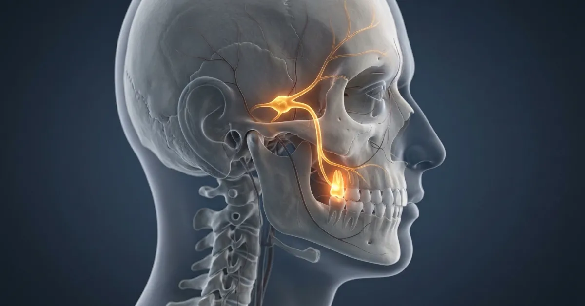 3D medical illustration showing the trigeminal nerve connecting a toothache to a temple headache